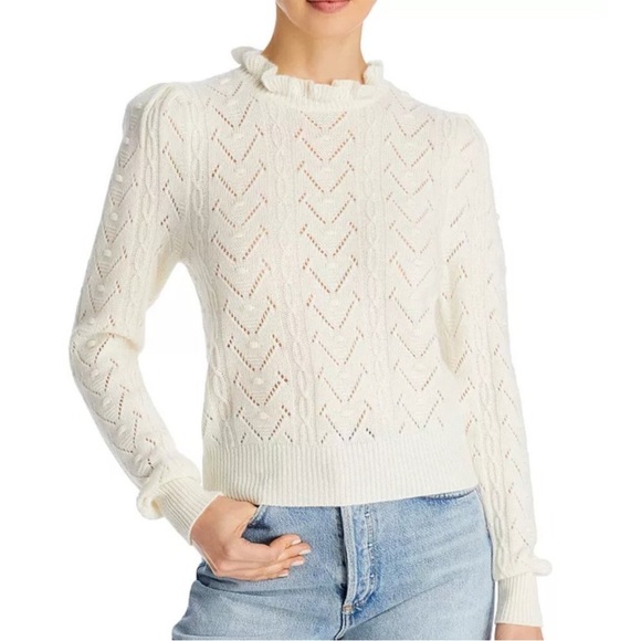 AQUA Cashmere Ruffled Turtleneck Sweater Ivory 100% Cashmere Large - Picture 3 of 7